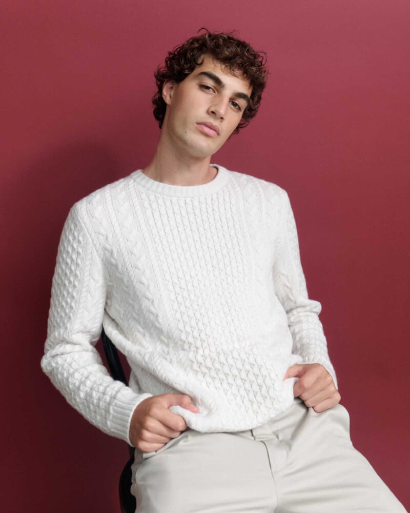 Claude Cable Merino Crew Knit in CHALK