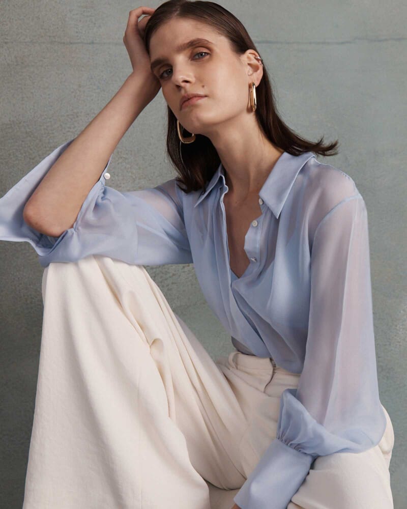 Ash Silk Chiffon Cropped Shirt in BLUE