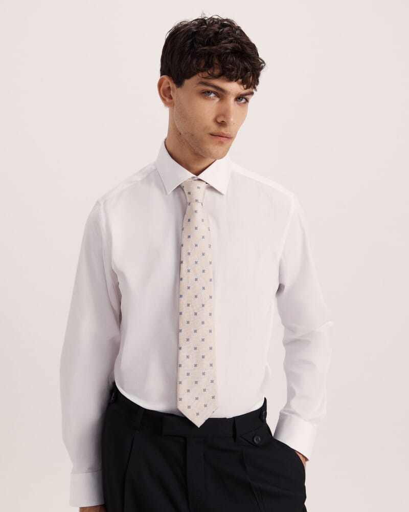 Mini Jacquard Silk Tie in OATMEAL/NAVY