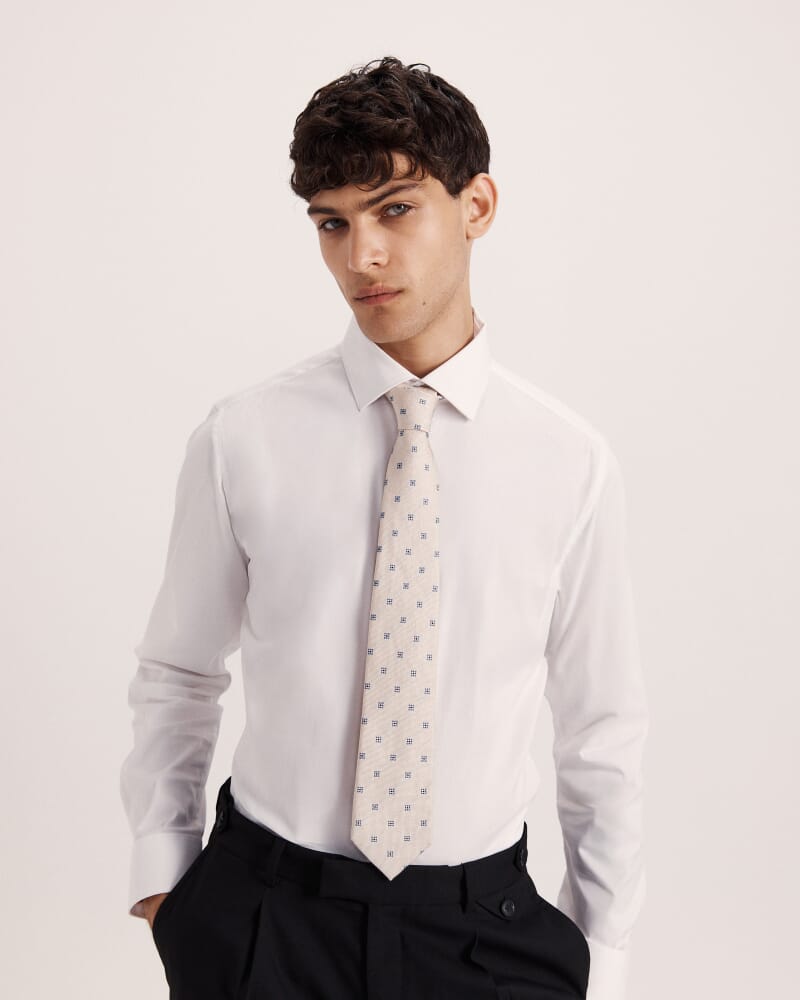 Mini Jacquard Silk Tie in OATMEAL/NAVY