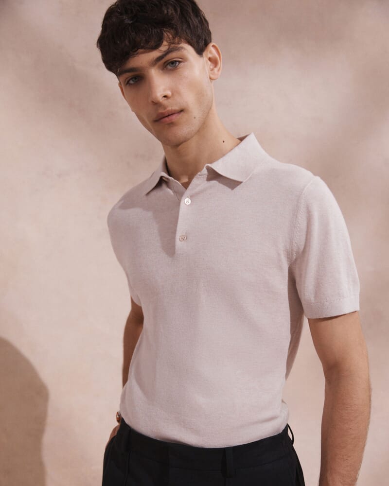 Miramar Cotton Wool Knit Polo in OATMEAL