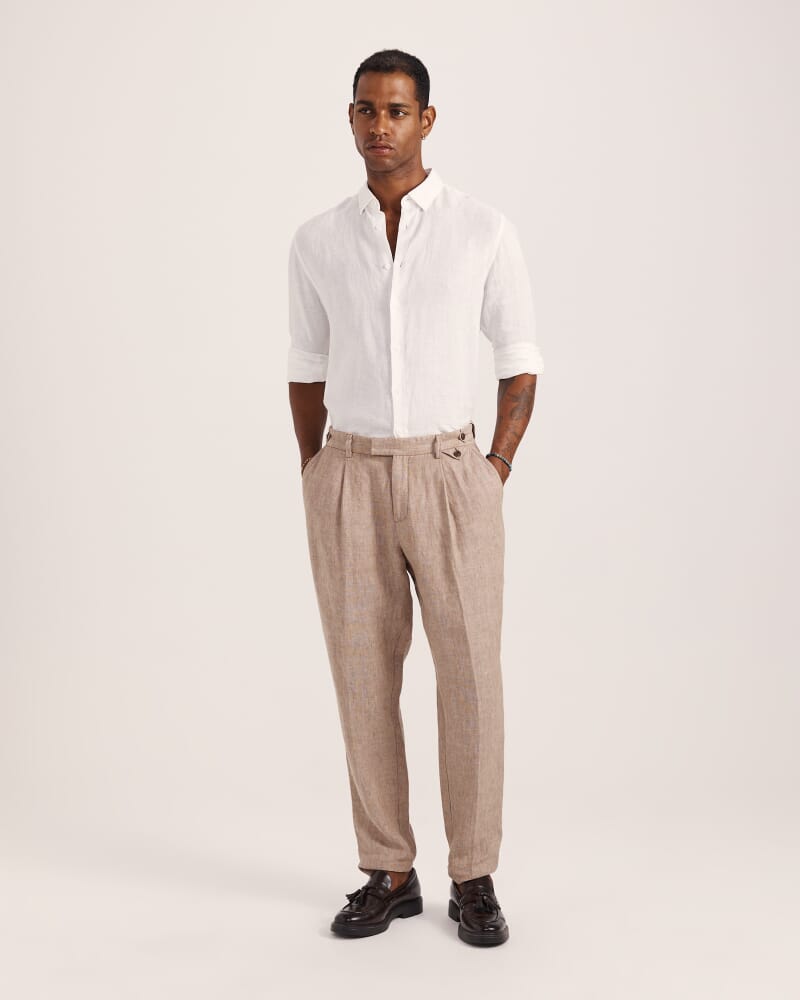 Wade Pleat Front Linen Pant in ALMOND