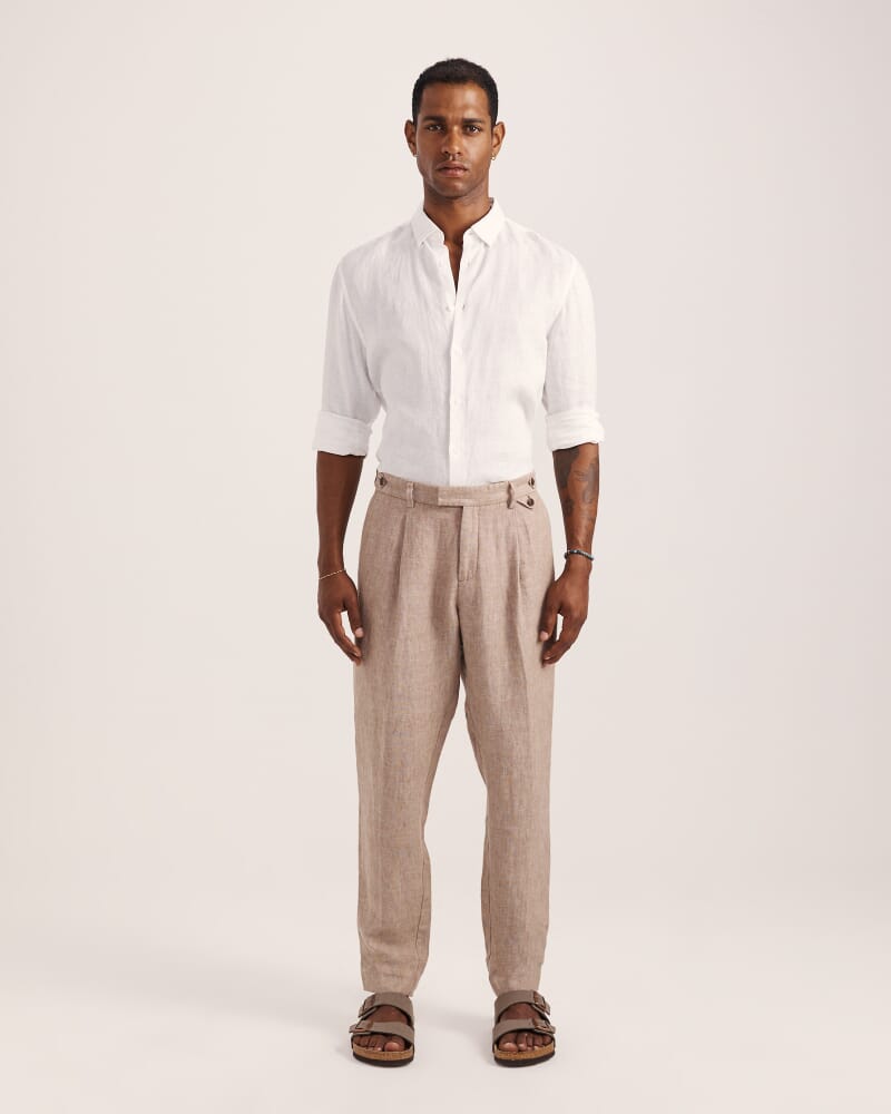 Wade Pleat Front Linen Pant in ALMOND