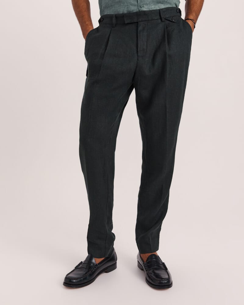 Wade Pleat Front Linen Pant in SEAWEED