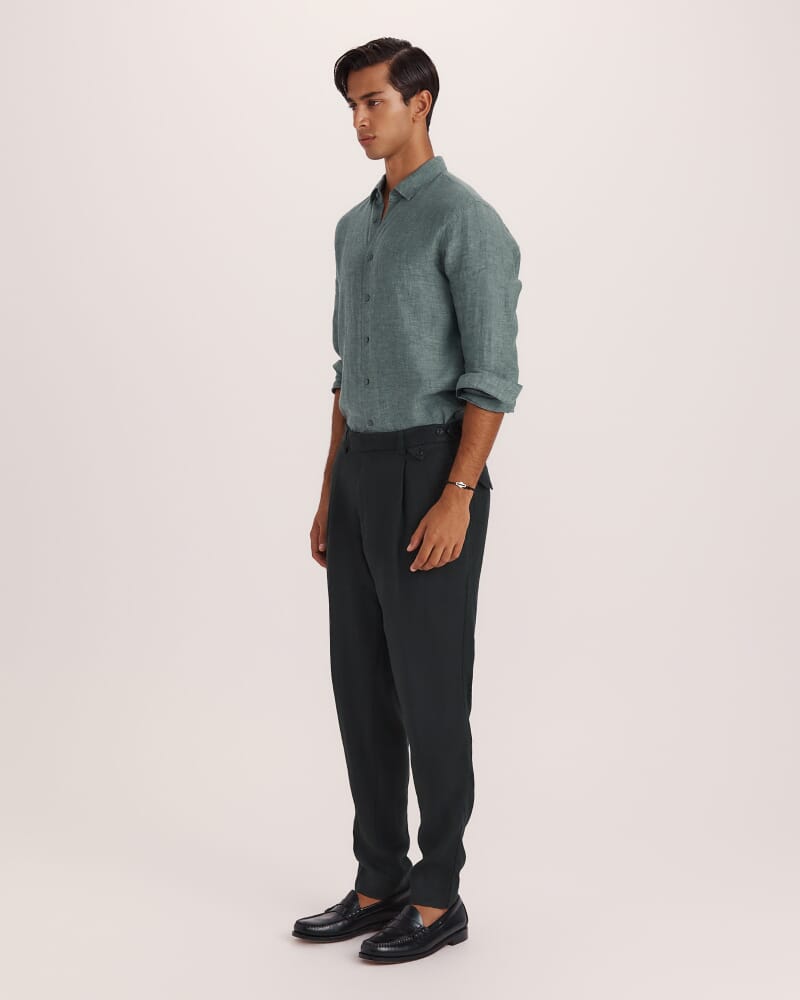 Wade Pleat Front Linen Pant in SEAWEED