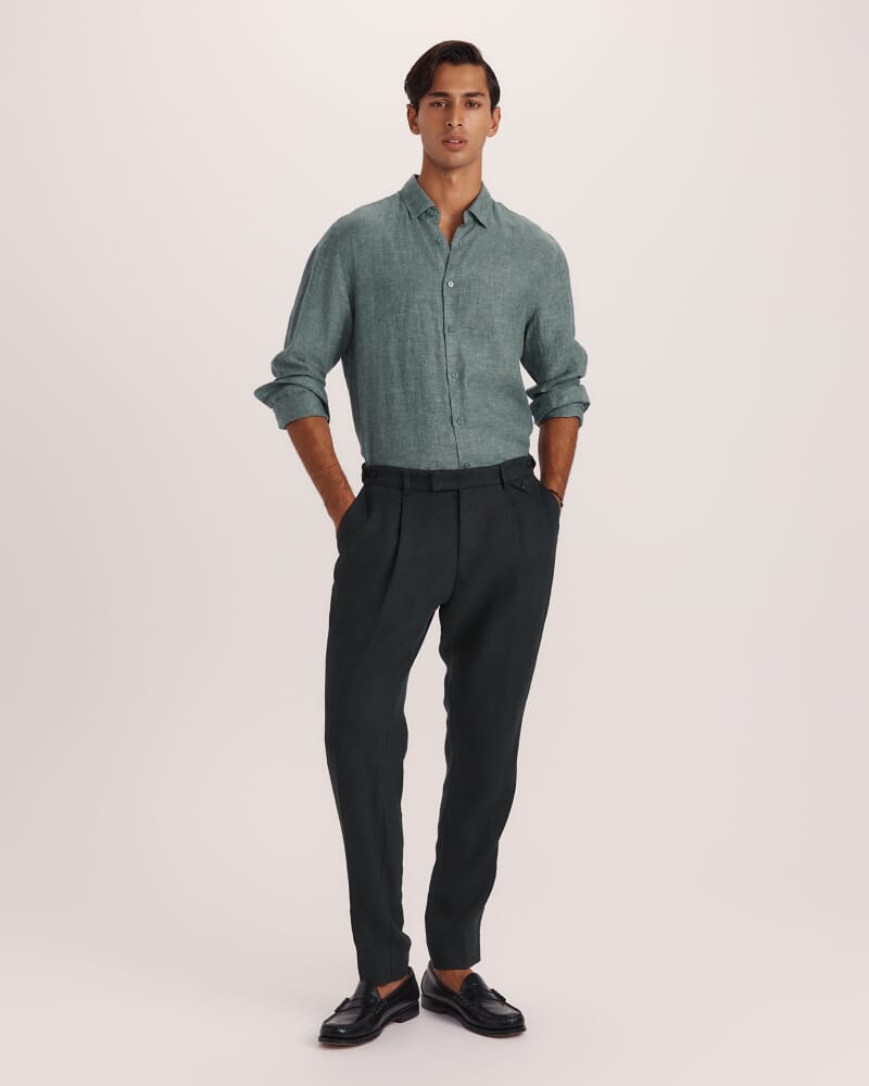 Wade Pleat Front Linen Pant in SEAWEED