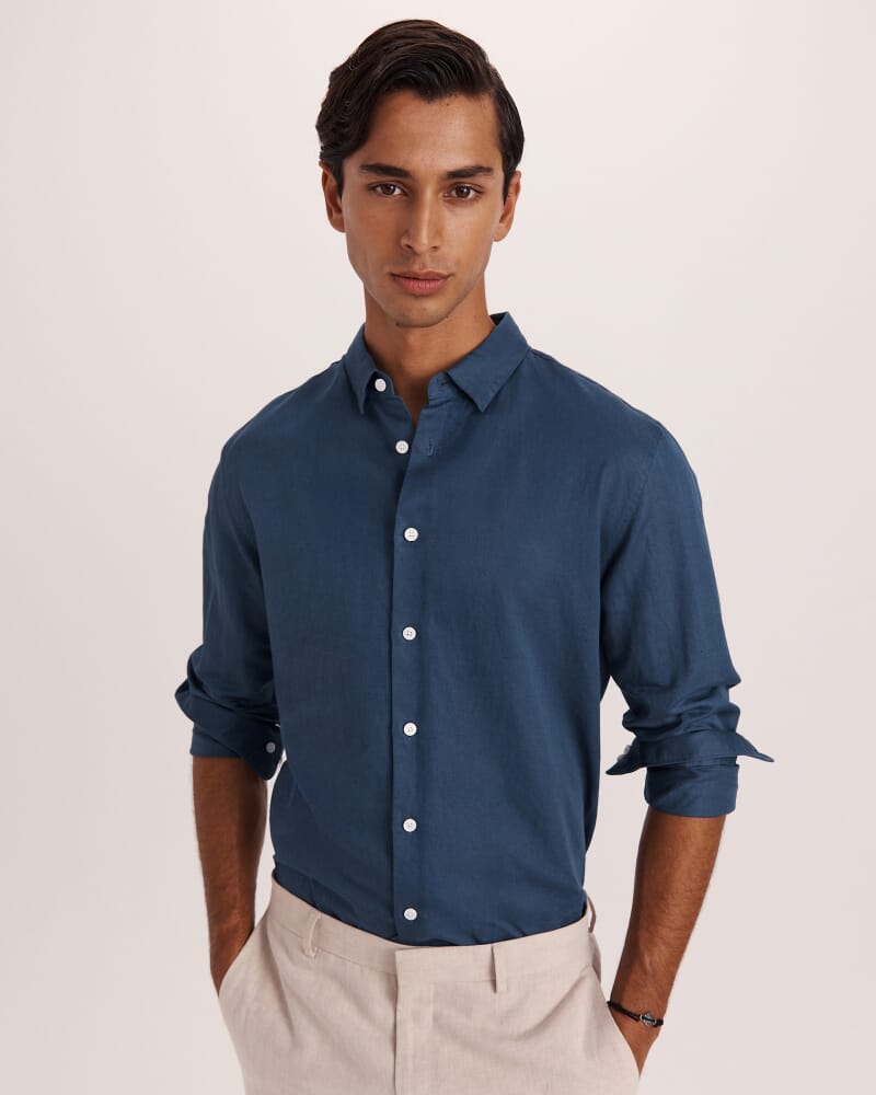 Reeves Long Sleeve Classic Linen Cotton Shirt in INK