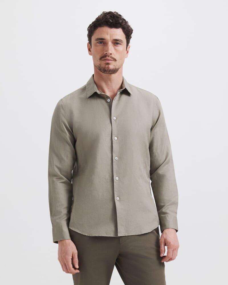 Reeves Long Sleeve Classic Linen Cotton Shirt in MOSS