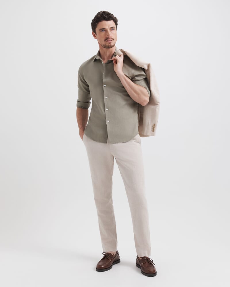 Reeves Long Sleeve Classic Linen Cotton Shirt in MOSS