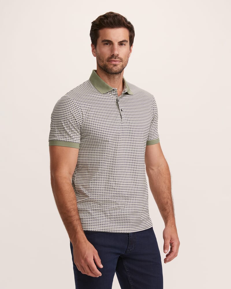 Bale Geo Print Cotton Polo in OLIVE/INK