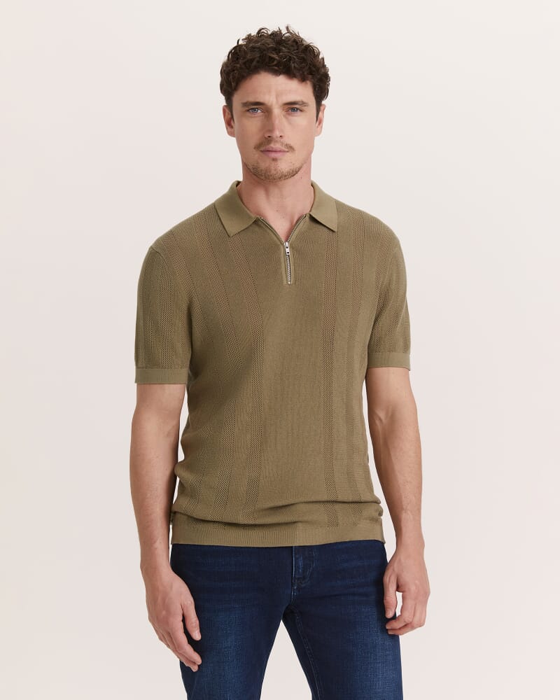 Evans Cotton Textured Knit Polo in KHAKI