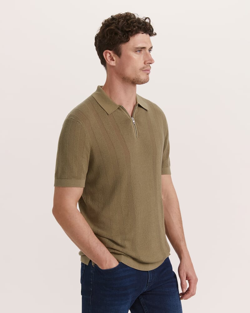 Evans Cotton Textured Knit Polo in KHAKI