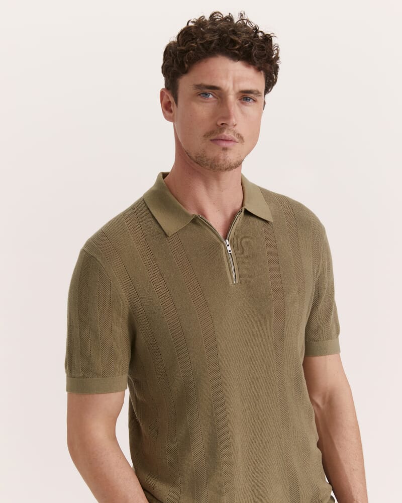 Evans Cotton Textured Knit Polo in KHAKI