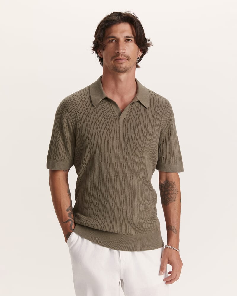 Nelson Linen Cotton Knit Polo in KHAKI
