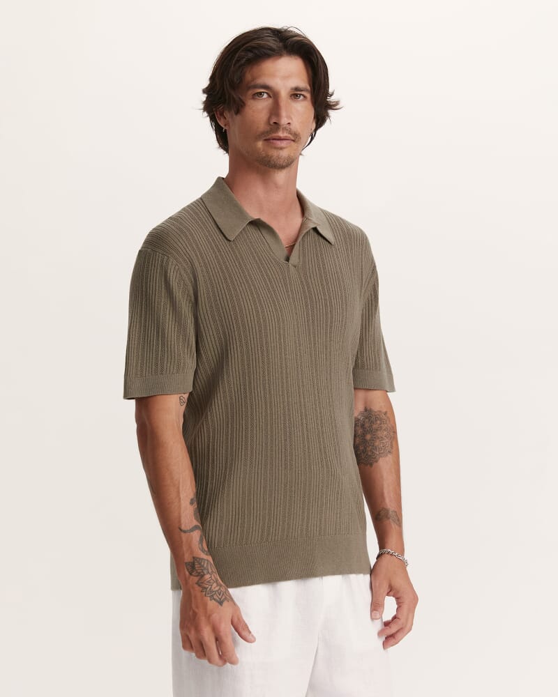 Nelson Linen Cotton Knit Polo in KHAKI