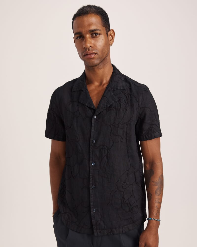 Argos Embroidered Short Sleeve Linen Resort Shirt in BLACK