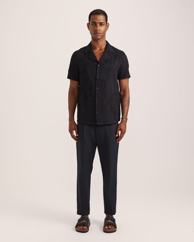 Argos Embroidered Short Sleeve Linen Resort Shirt in BLACK