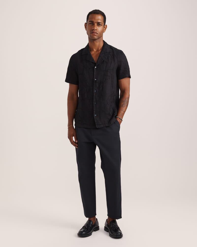 Argos Embroidered Short Sleeve Linen Resort Shirt in BLACK