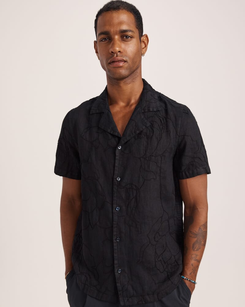 Argos Embroidered Short Sleeve Linen Resort Shirt in BLACK