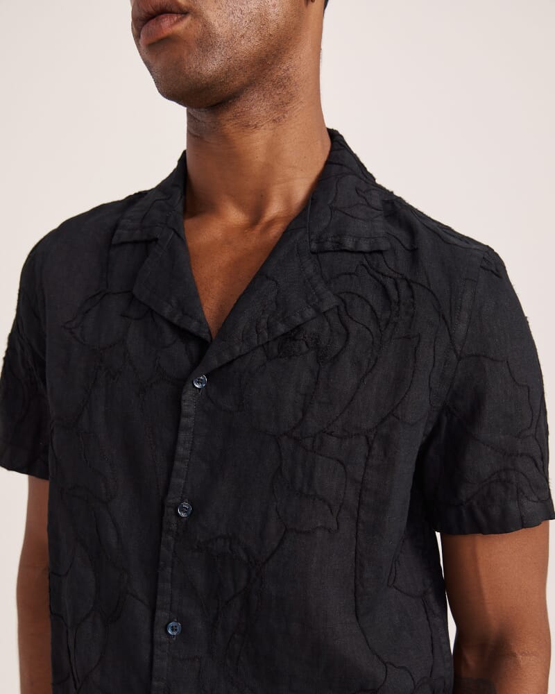 Argos Embroidered Short Sleeve Linen Resort Shirt in BLACK