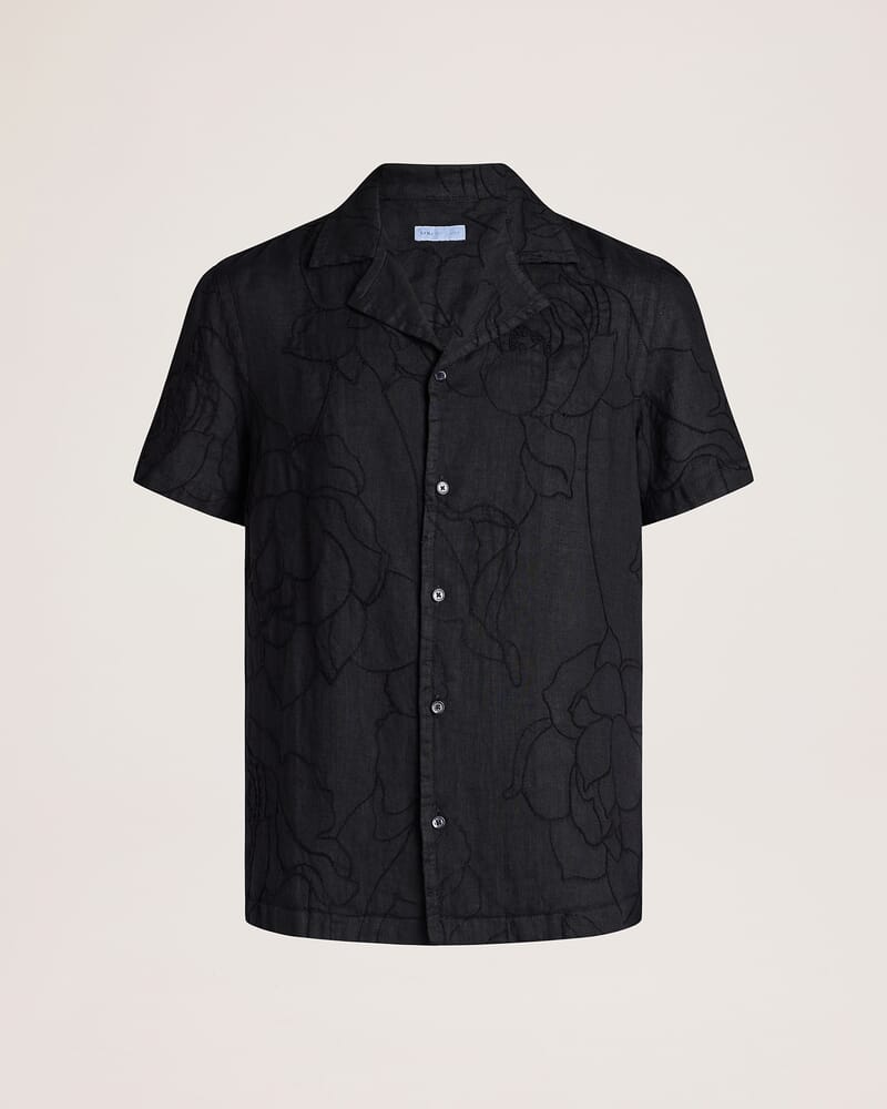 Argos Embroidered Short Sleeve Linen Resort Shirt in BLACK