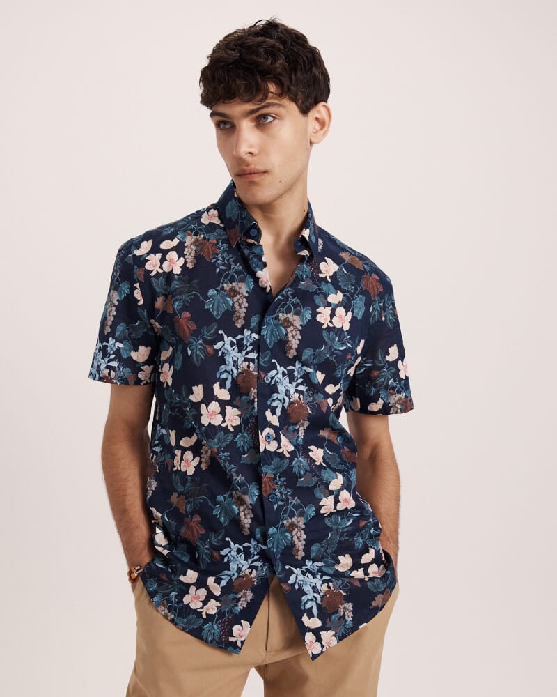 Evander Cotton Print Short Sleeve Classic Shirt in NAVY MULTI