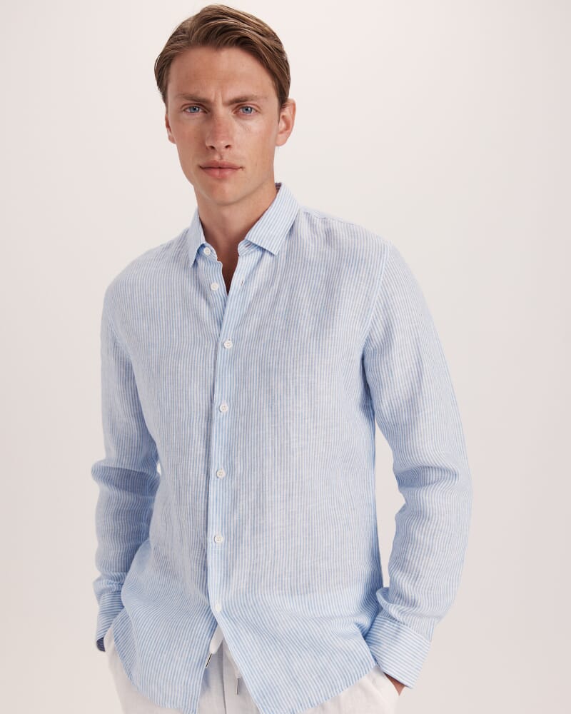 Anderson Stripe Linen Shirt in SKY/WHITE