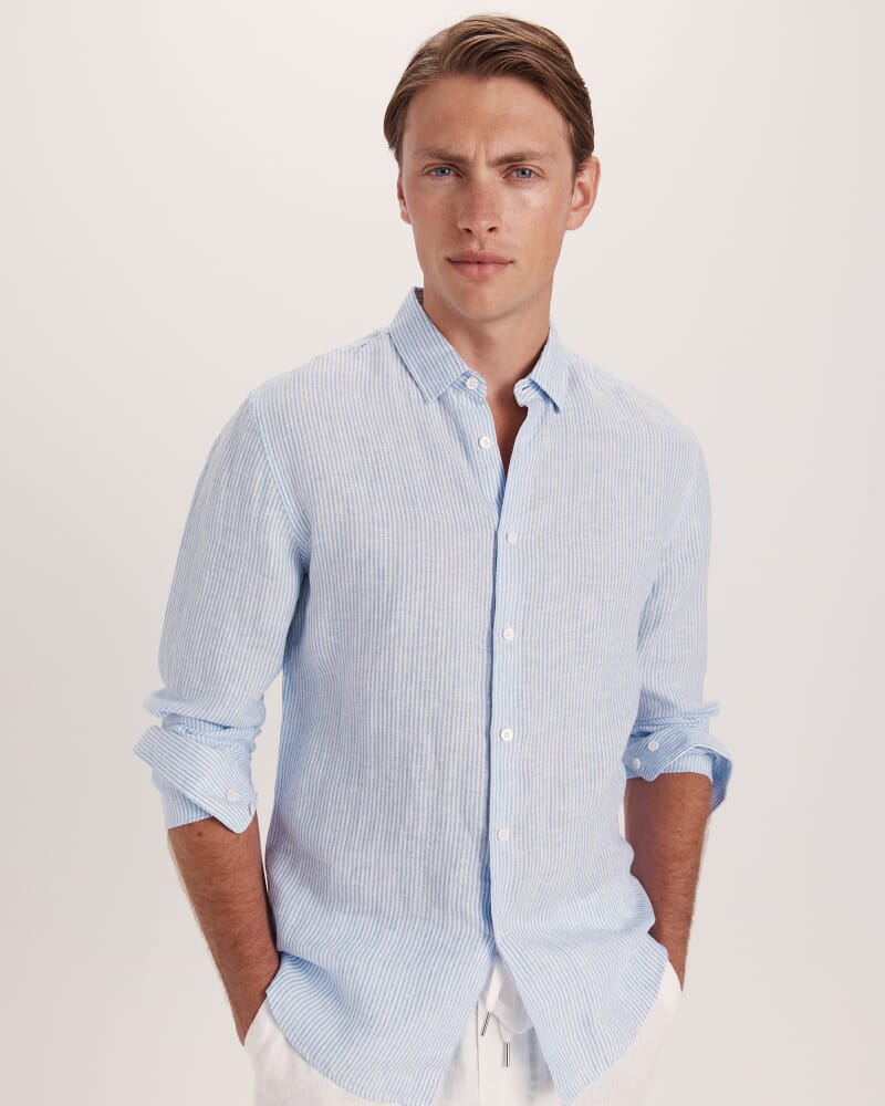 Anderson Stripe Linen Shirt in SKY/WHITE