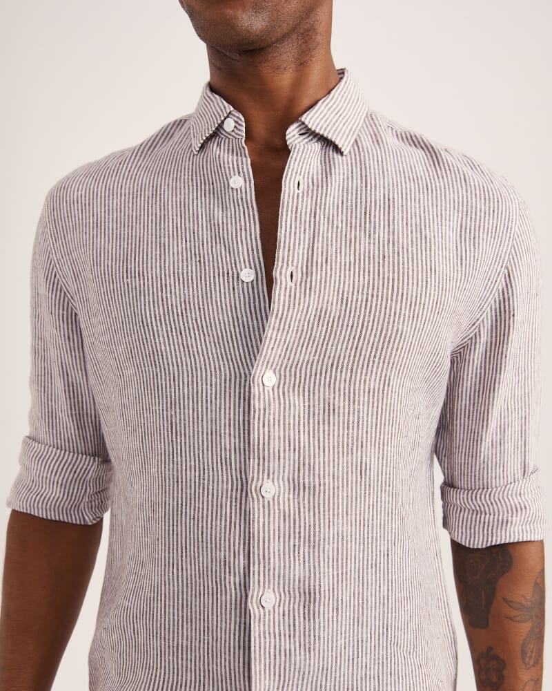 Anderson Stripe Linen Shirt in TRUFFLE