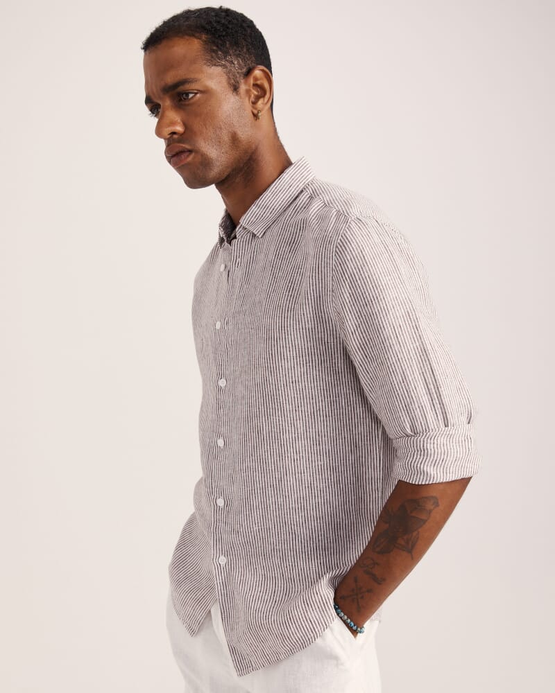 Anderson Stripe Linen Shirt in TRUFFLE