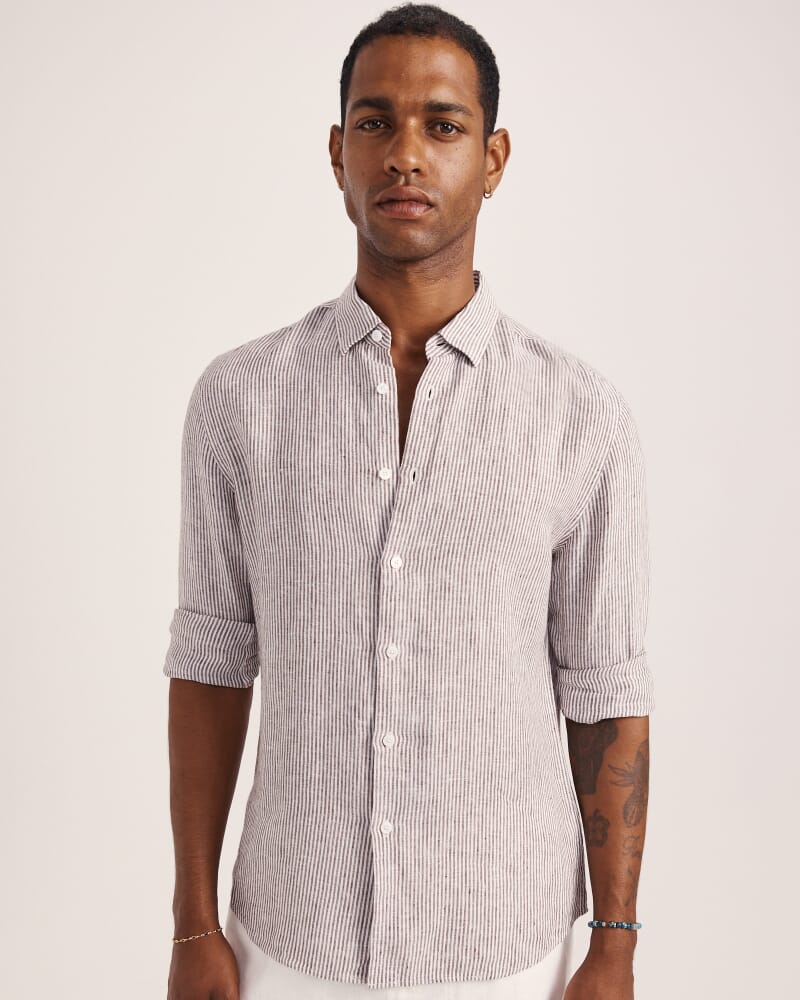 Anderson Stripe Linen Shirt in TRUFFLE