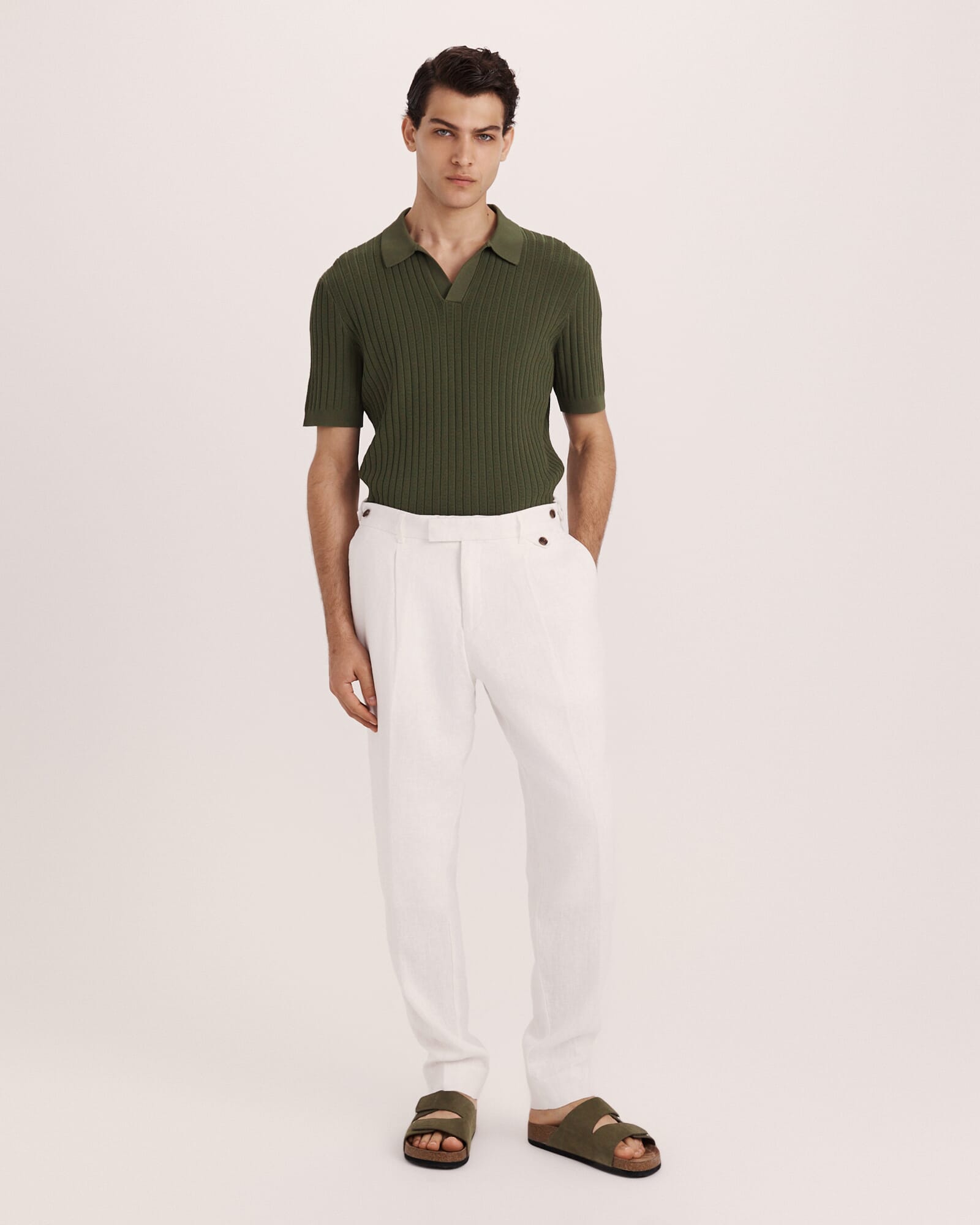 Cotton Knit Short-Sleeve Polo オリーブ 1 BEAMS PLUS Short Sleeve Cable Polo Olive at CareOfCarl.com