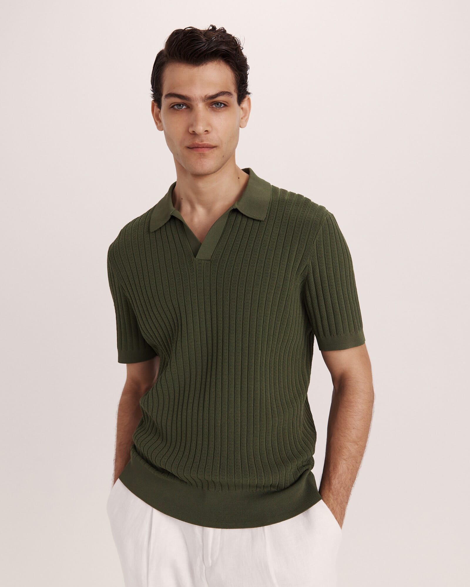 Cotton Knit Short-Sleeve Polo オリーブ 1 Olive Linen-Cotton Cable Knit Polo | SPIER & MACKAY