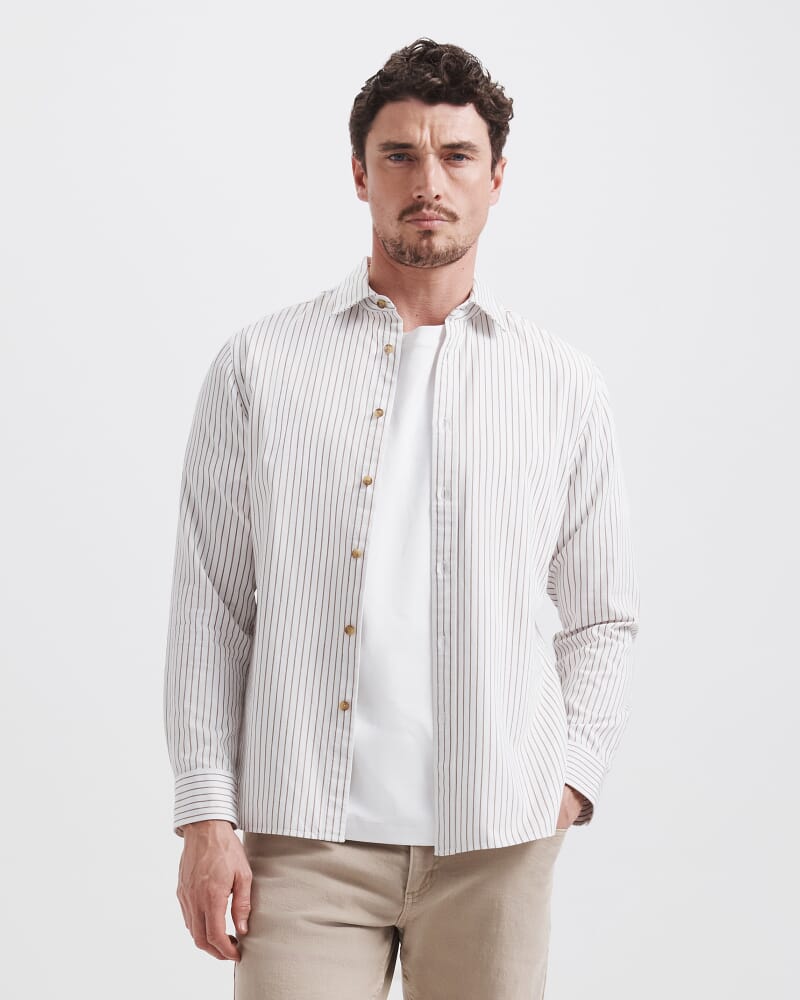 Mason Cotton Stripe Shirt in TAN/WHITE