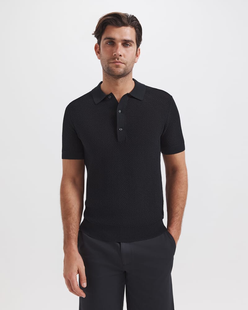 Dario Crochet Knit Polo in BLACK