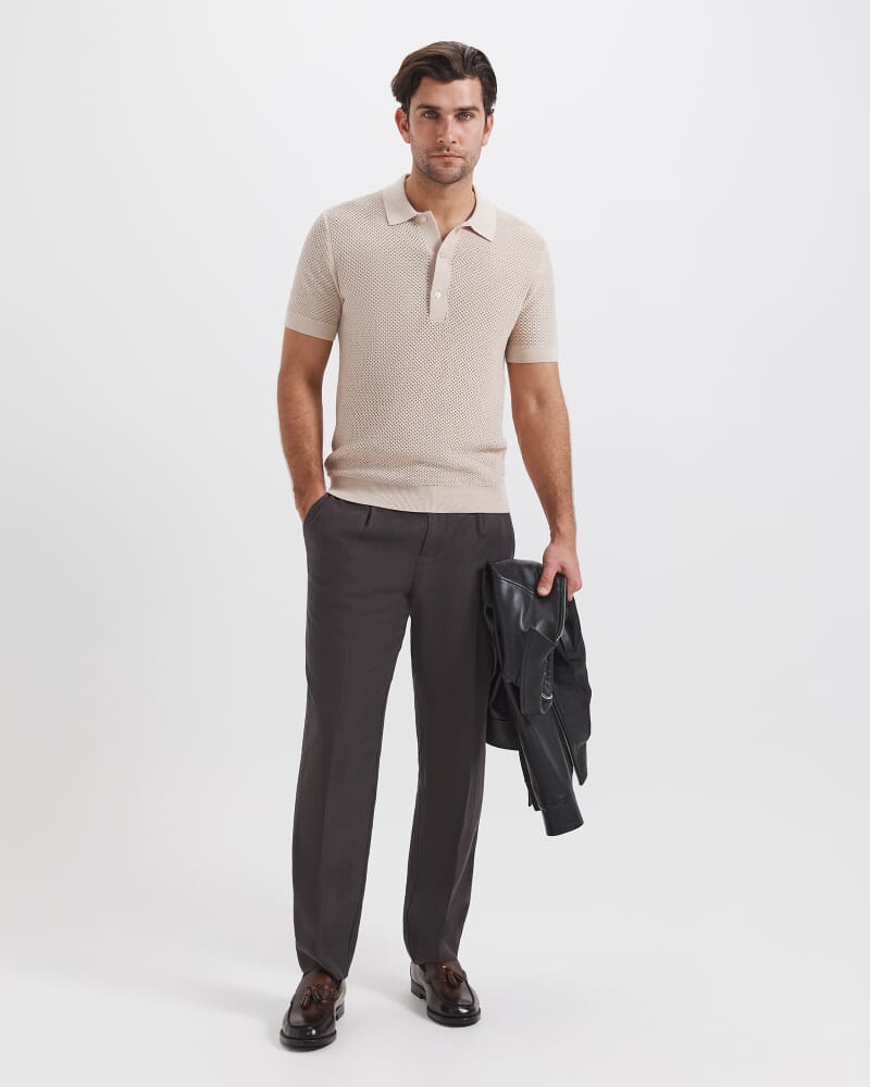 Dario Crochet Knit Polo in OATMEAL