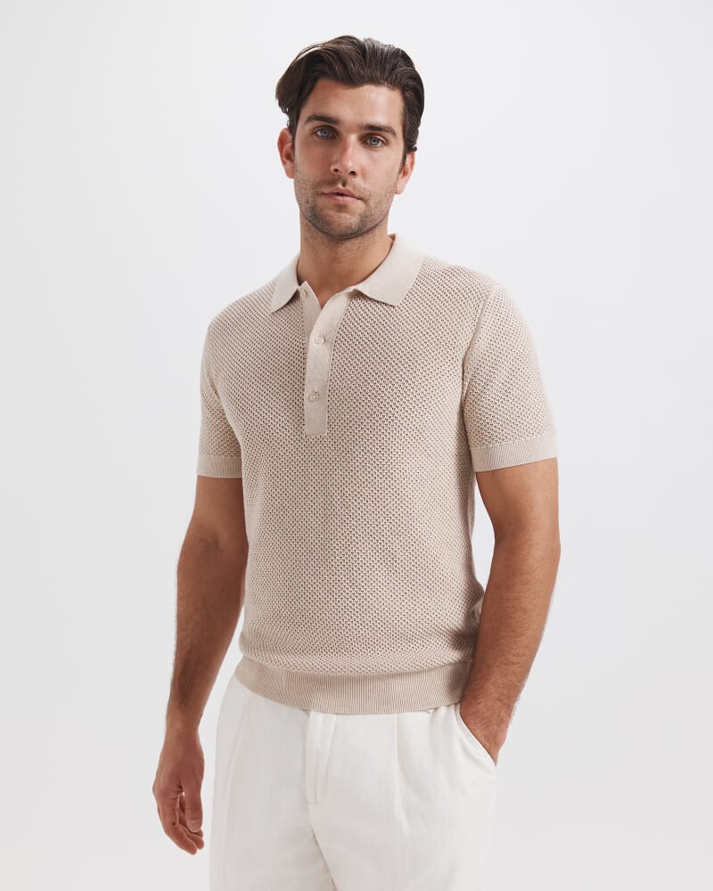 Dario Crochet Knit Polo in OATMEAL