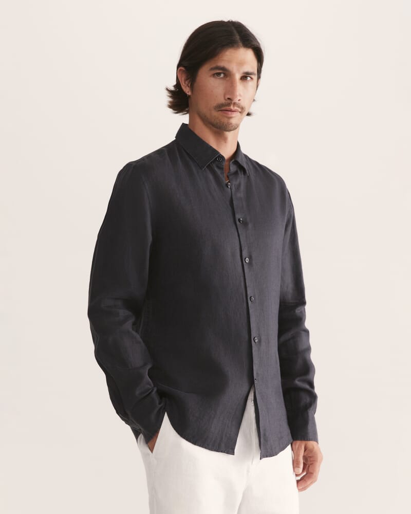 Anderson Long Sleeve Classic Linen Shirt in BLACK