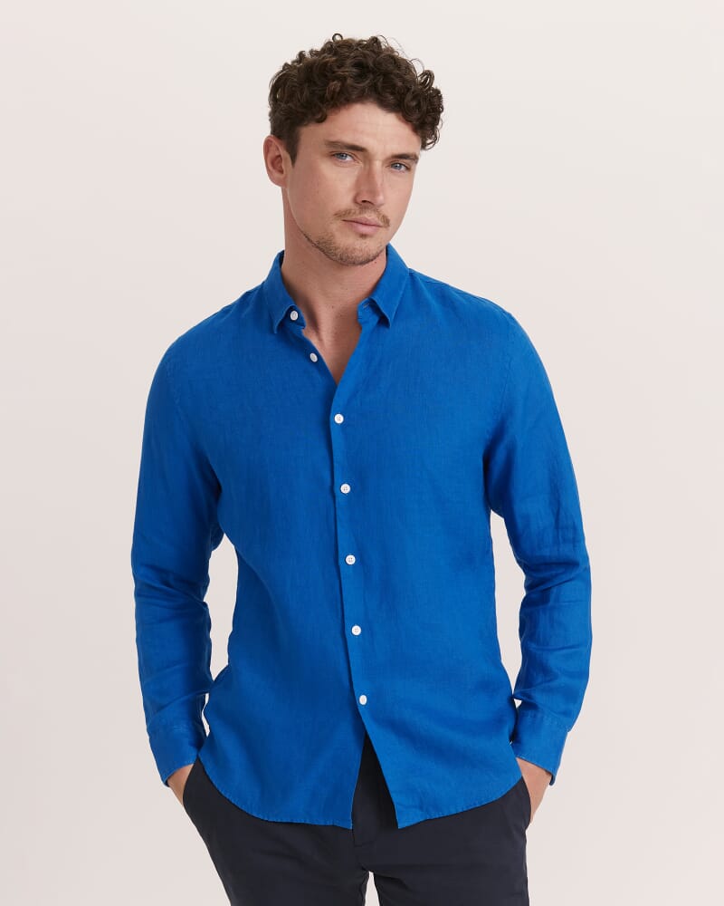 Anderson Long Sleeve Classic Linen Shirt in DEEP BLUE