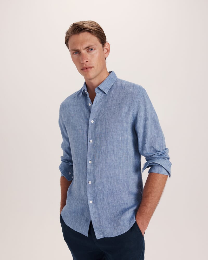 Anderson Long Sleeve Classic Linen Shirt in DENIM BLUE