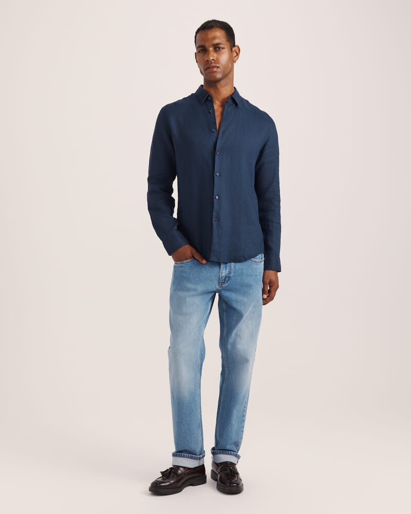 Anderson Long Sleeve Classic Linen Shirt in NAVY