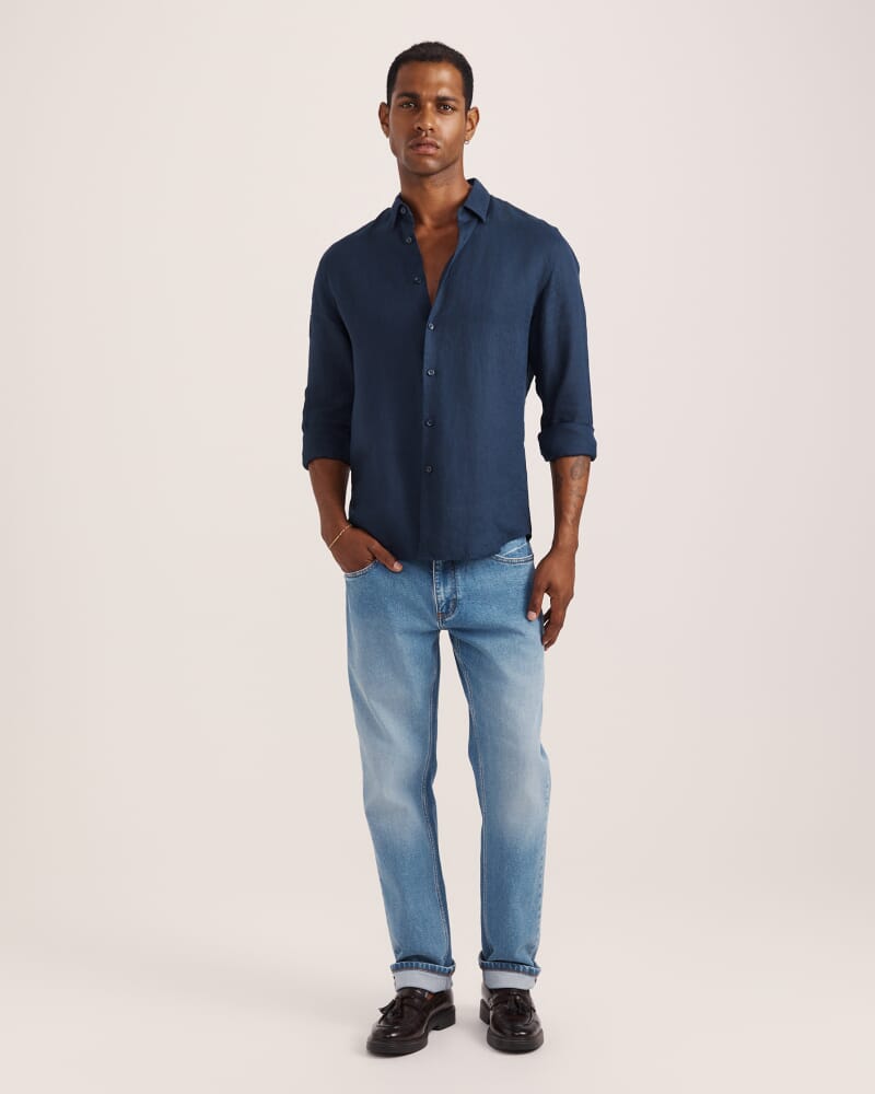 Anderson Long Sleeve Classic Linen Shirt in NAVY