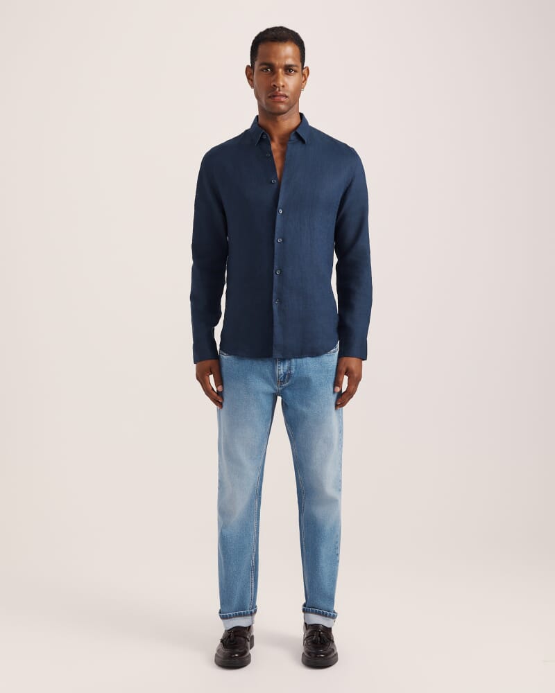 Anderson Long Sleeve Classic Linen Shirt in NAVY