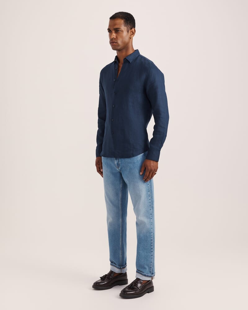 Anderson Long Sleeve Classic Linen Shirt in NAVY