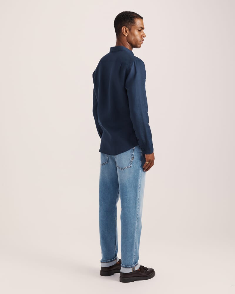 Anderson Long Sleeve Classic Linen Shirt in NAVY