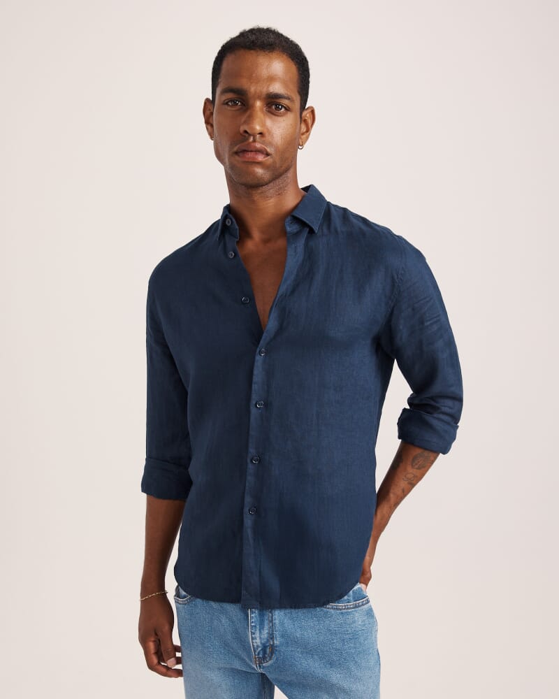 Anderson Long Sleeve Classic Linen Shirt in NAVY