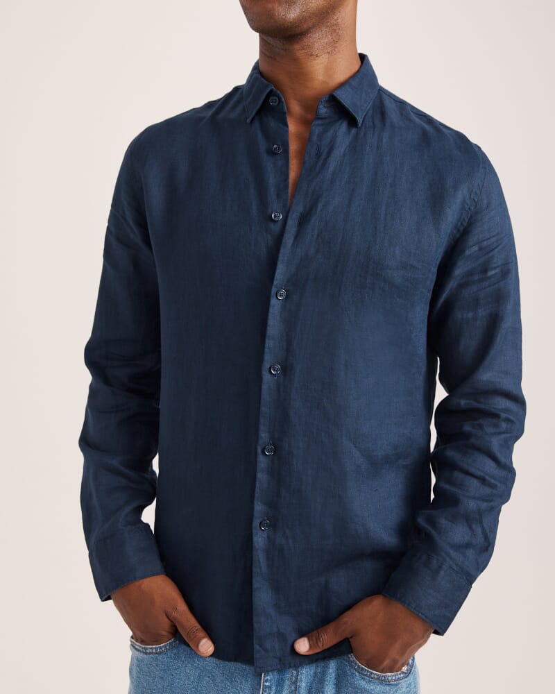 Anderson Long Sleeve Classic Linen Shirt in NAVY