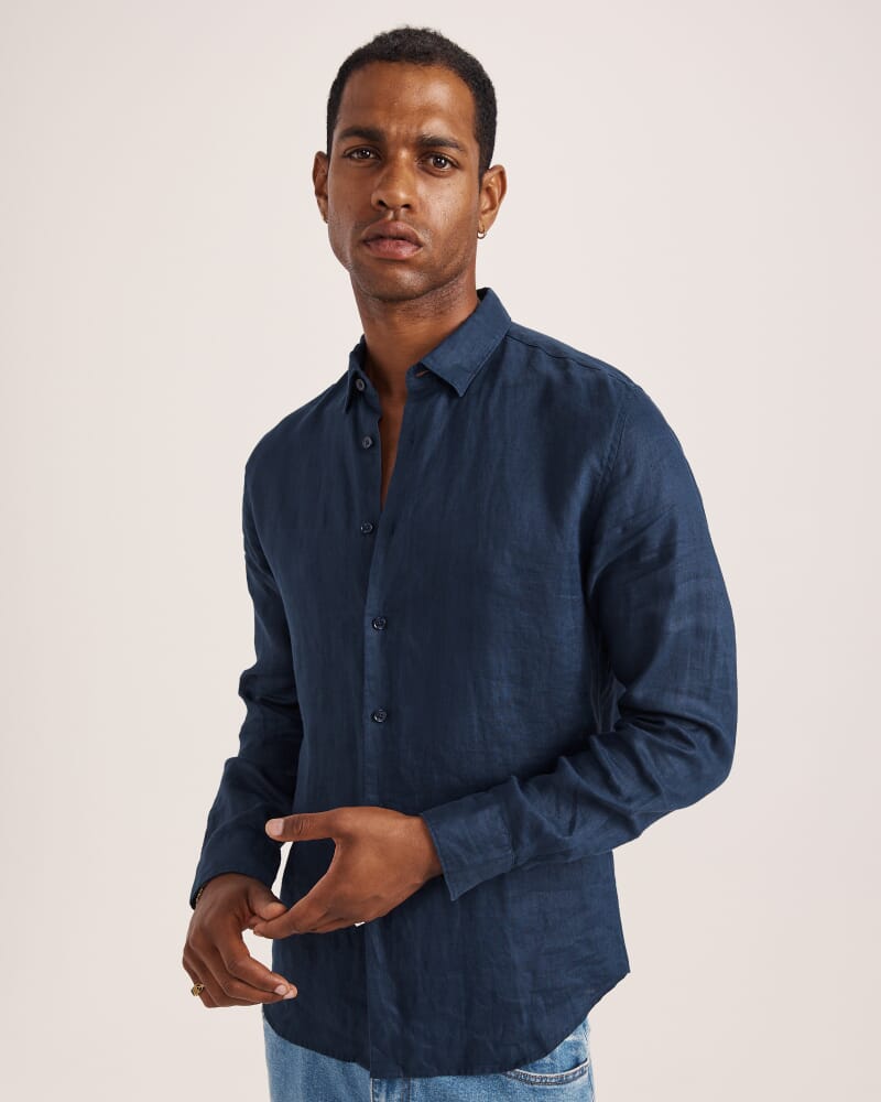 Anderson Long Sleeve Classic Linen Shirt in NAVY