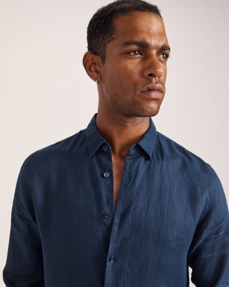 Anderson Long Sleeve Classic Linen Shirt in NAVY