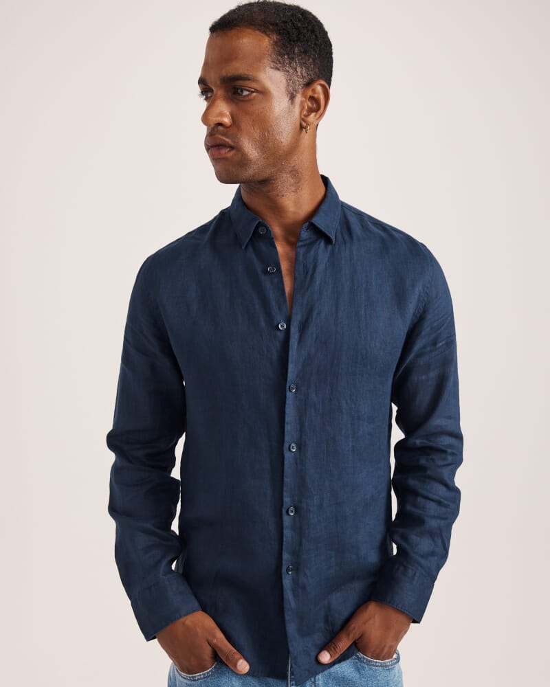 Anderson Long Sleeve Classic Linen Shirt in NAVY
